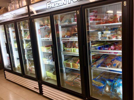 Frozen section with a variety of foods.