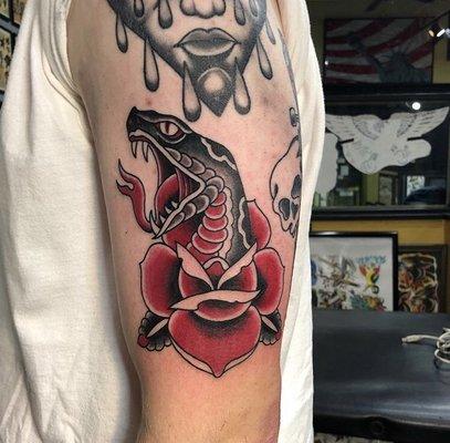 Snake and Rose Tattoo by Vin at Planet New York Tattoo