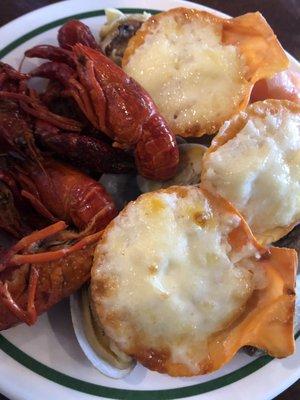 Baked scallop and reheated crawfish