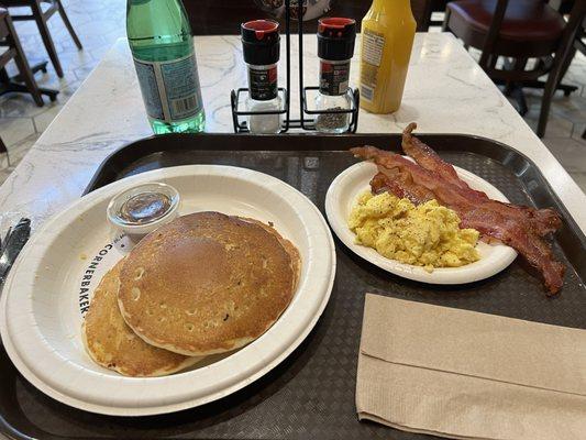 Pancakes, eggs, and bacon.