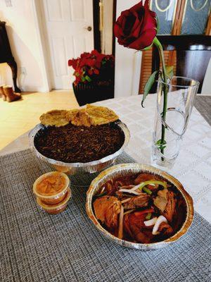 Black rice, stew chicken, plantain