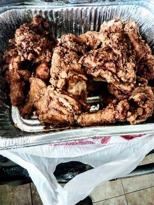 Burnt fried chicken.