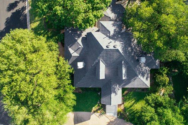 Aerial view of custom roof completed in 2018