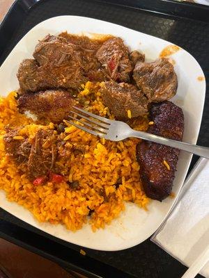 Beef, plantains, and yellow rice. Delicious!