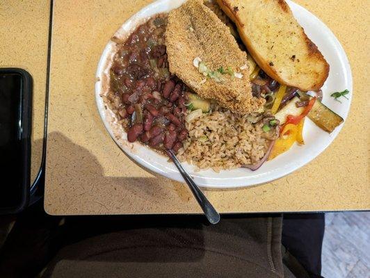 New Orleans!  Red Beans and Rice, Catfish, and French Bread.