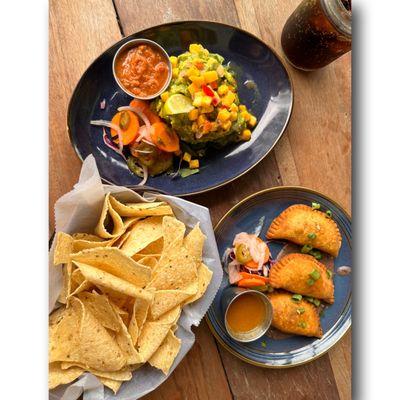 Starters. Avocado mango dip and Jamaican Patties