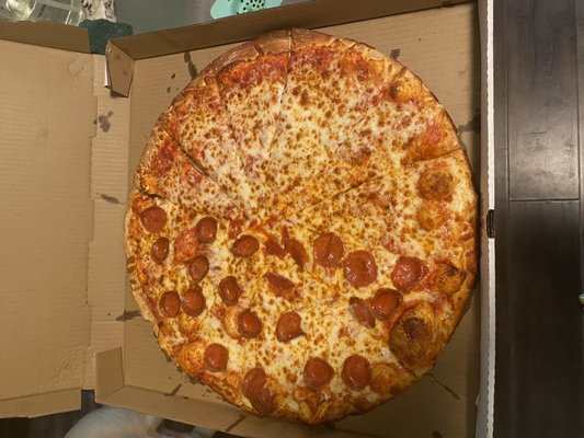 18" extra cheese and half pepperoni.