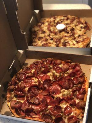 Old world pepperoni and sausage and BBQ chicken pizza.