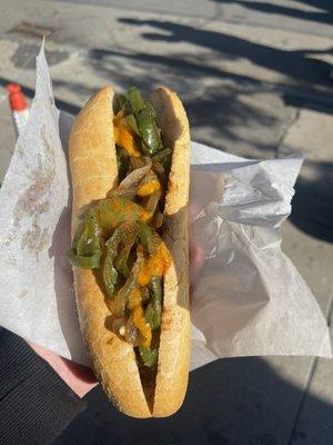 Sausage with peppers, onions, hot sauce, and dirt.  Highly recommend!!!