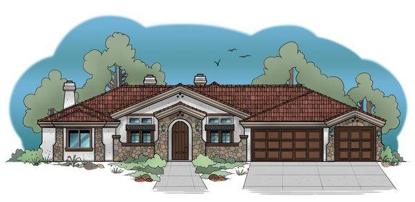 Front elevation of contemporary Spanish inspired home.