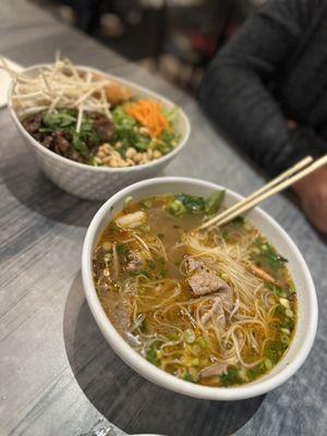 Rare beef, brisket and shrimp pho and Vermicelli with egg rolls and grilled pork. Bomb.