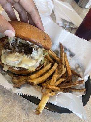 Mushroom burger with a side of fries