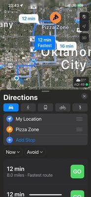 Mapping from Google showing the times for delivery to our motel room!