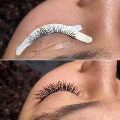 Eyelash Extensions. Before and after, top view.