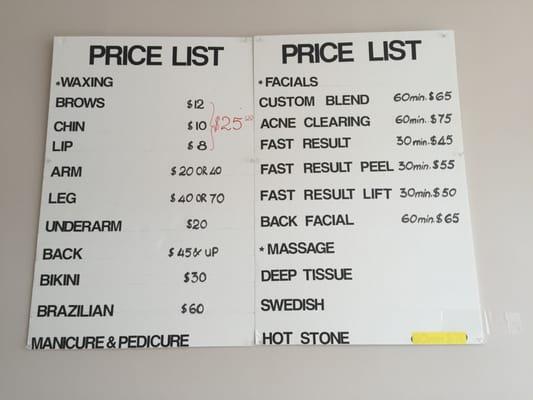 Spa price list.