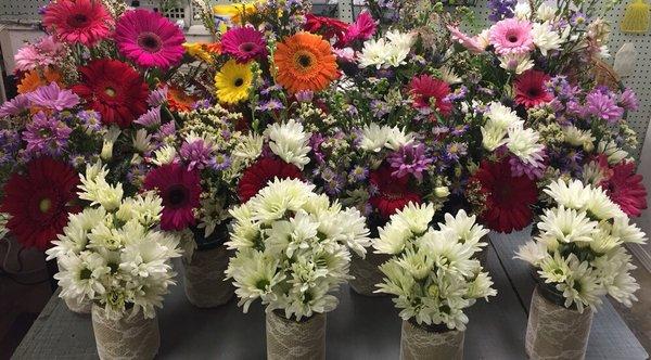 Getting bouquets ready for a weekend event