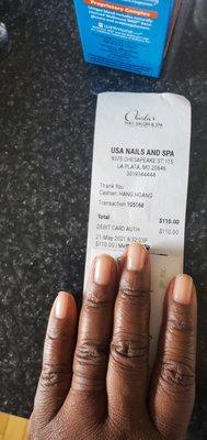 Bill for 2 basic manicures $50.00, dip removal $50.00  and card service charges $5.00 for each person