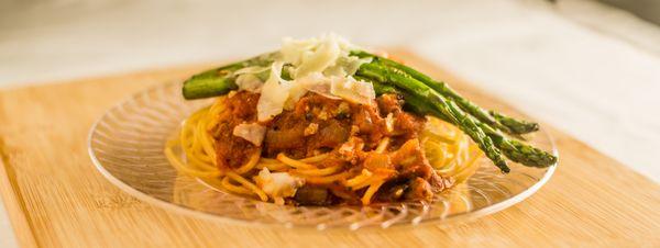 Spaghetti Bolognese with Grilled Asparagus and Parmesan