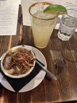 French onion soup and Spicy Pineapple Margarita