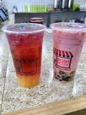 Dragonfruit butterfly drink with mango jelly & strawberry milk tea with tapioca and rainbow jelly