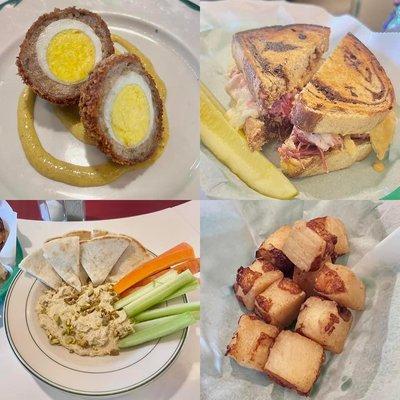 Housemade scotch eggs, Reubens, housemade hummus and square cheese curds