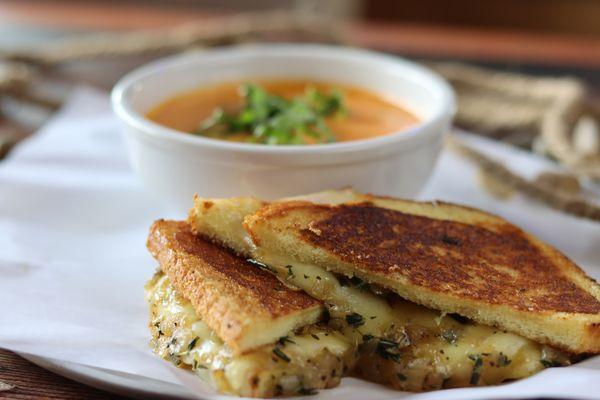 Creamy Tom Bowl with grilled cheese sandwich