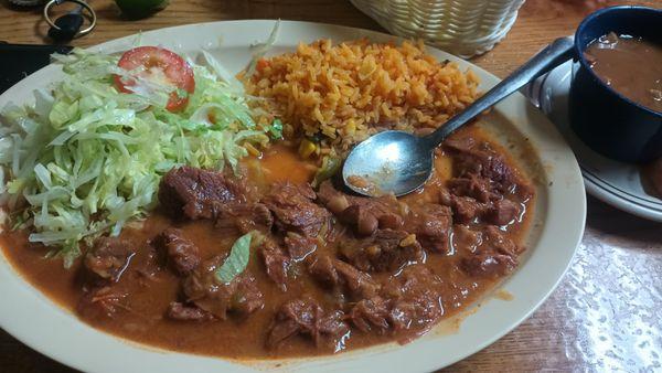 Carne guesada with rice and charro beans