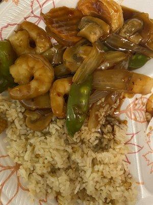 Schezuan shrimp with fried rice.