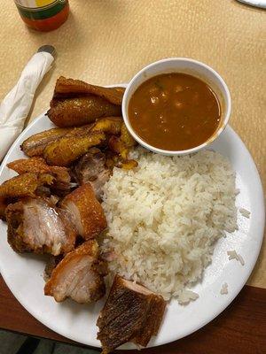 Rice beans ripe plantain and roasted pork