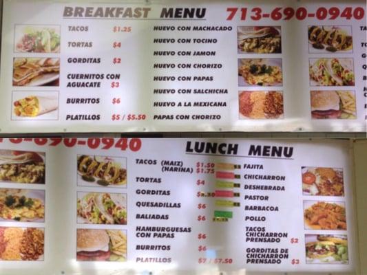 Menu board at Taqueria San Miguel, inside of store.