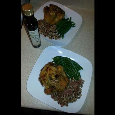 Lemon Sage Cornish Hens stuffed with Quinoa Pilaf, Black Eyed Peas & Smoked Turkey Bacon with Steamed Green Beans