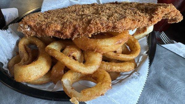 Crispy tenderloin and onion rings.