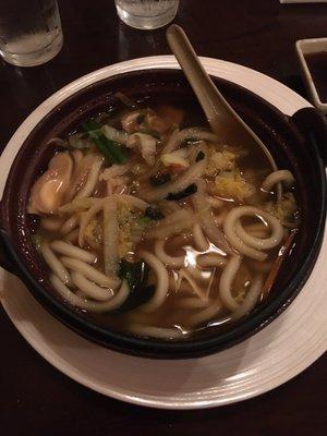 Udon that comes with tempura shrimp and veggies