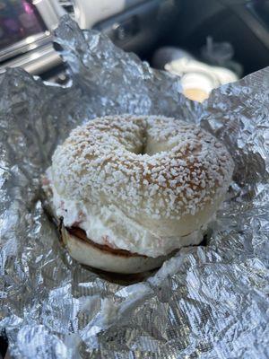 Salt bagel with lox cream cheese