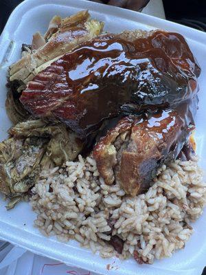 Ribs 1/4 Jerk Chicken Mild Red Bean and Rice