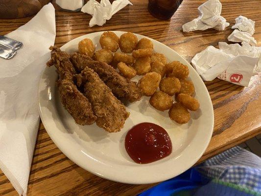 Kids' meal chicken strips and tater tots