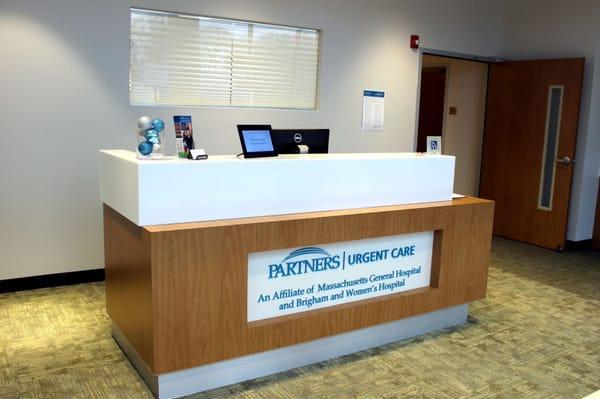 The check in counter at Partners Urgent Care in Newton, MA.