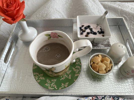 Delicious mushroom soup with crackers, blueberry yogurt topped with fresh blueberries.