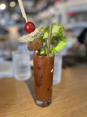 "The Teikirisi" Non-Alcoholic Blood Mary (sub Seedlip) Croqueta, Garlic Aioli, Tajin, Fried Avocado, Masago Pearls, Cherry Tomato