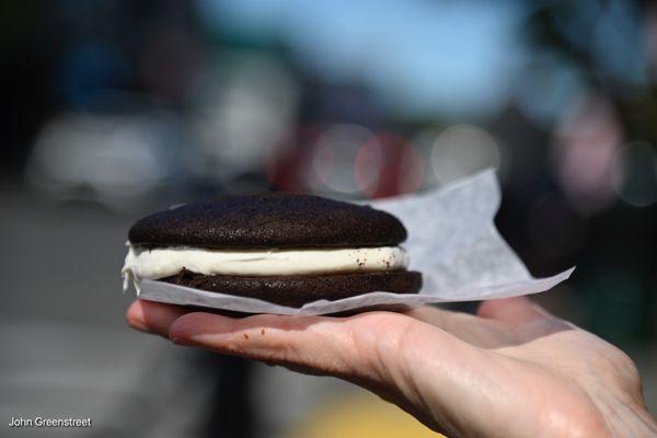 Whoopie Pie. Delicious devil's food cake filled with a very sweet marshmallow Fluff-type filling.