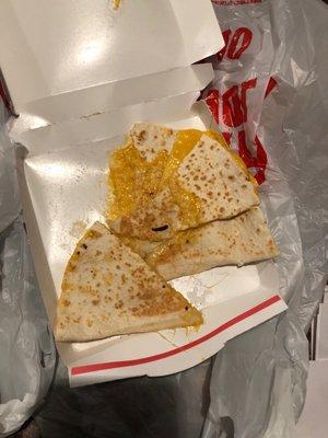 Really disappointing cheese quesadilla. It's basically a ball of mush, haphazardly placed into the paper box. Will not be returning.