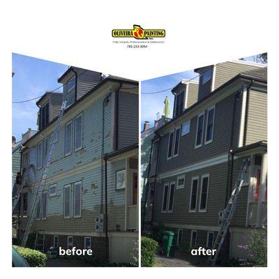 Before and after of an exterior project! Book online with Oliveira Painting, Inc,.