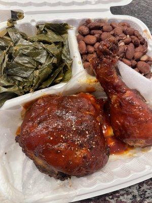 Bbq Chicken, Greens, Red Beans and Rice