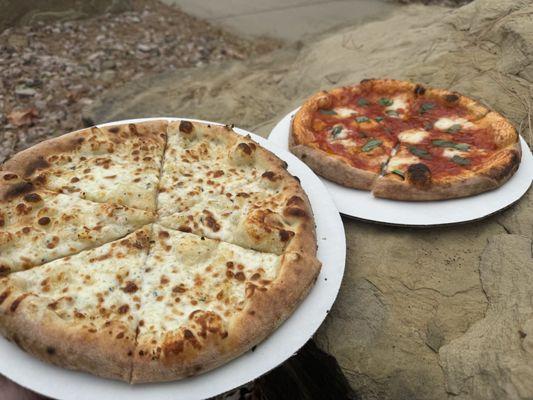 White Pizza (left) and Margarita Pizza (right)