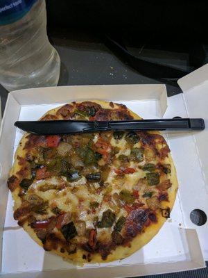 Vegetable pizza. Plastic knife for scale