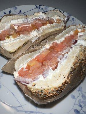 Lox n Cream Cheese Sandwich on Everything Bagel (get it toasted!)