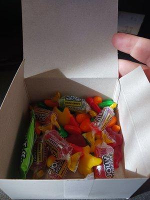 What's left of my $5 box. The teardrop shaped coated candies are the Cry Babies Tears