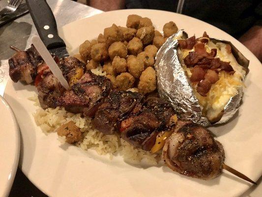 Bacon Wrapped Filet Kabob with Fried Okra & a Loaded Baked Potato