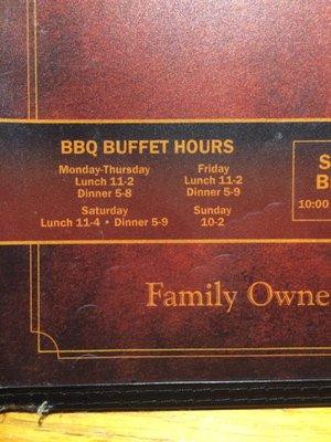 Buffet hours are NOT the same as restaurant hours. Advertised as closing at 10pm, but buffet closing at 8 when we arrived.