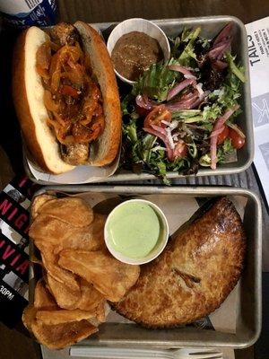 Bratwurst (top) and Veggie and Mushroom pie (bottom)